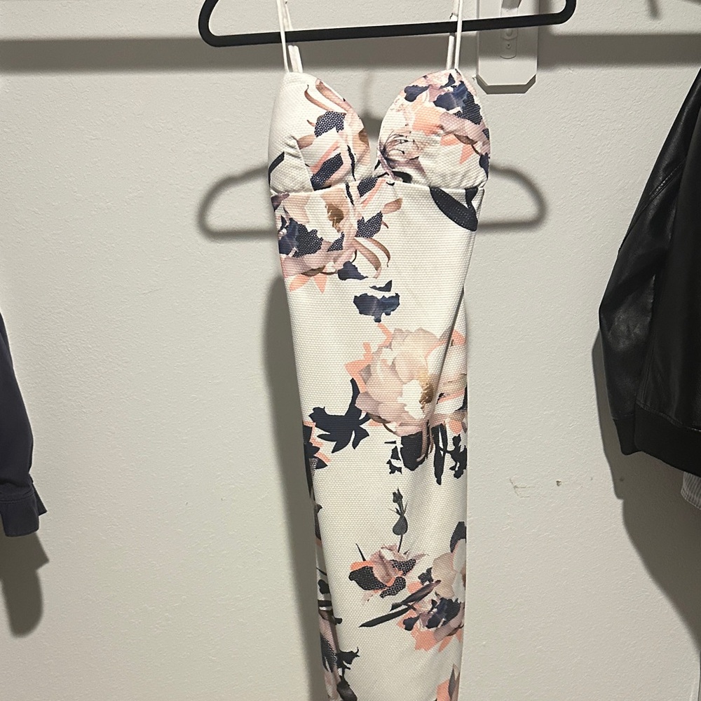 Strapless Floral Dress in White and Pink